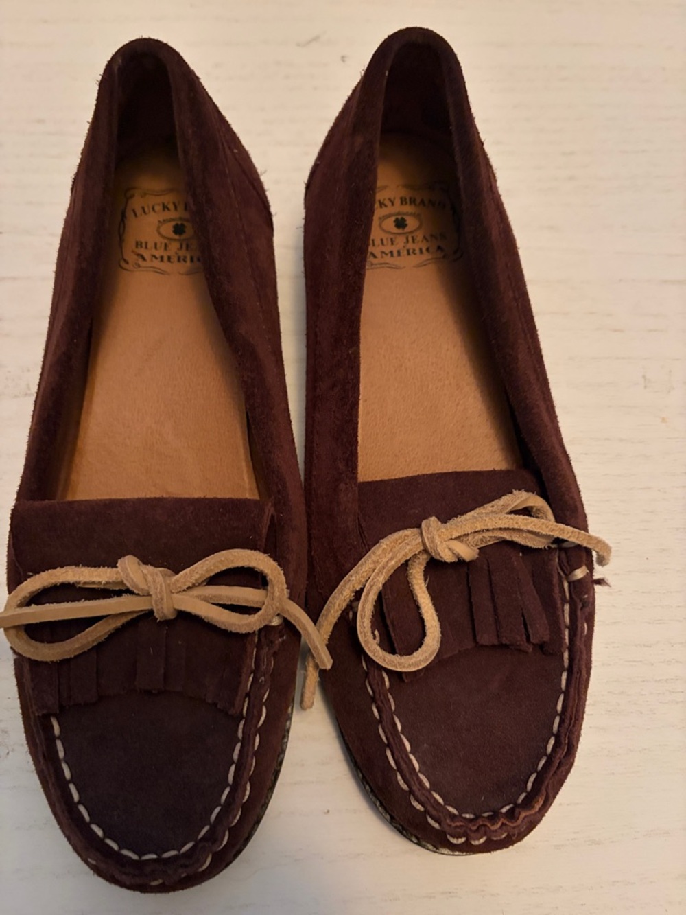 Lucky Brand Brown Suede Moccasins with Tan Bow Accents